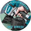 Hand holding a nail gun with text promoting quality craftsmanship and fast service.